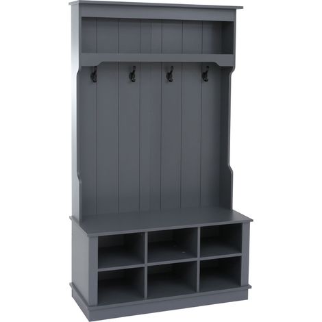 [NON UTILIZZATO] Panca guardaroba appendiabiti HHG-661, da ingresso con scarpiera, 4 ganci, legno melamina, 170x100x39 cm, grigio scuro