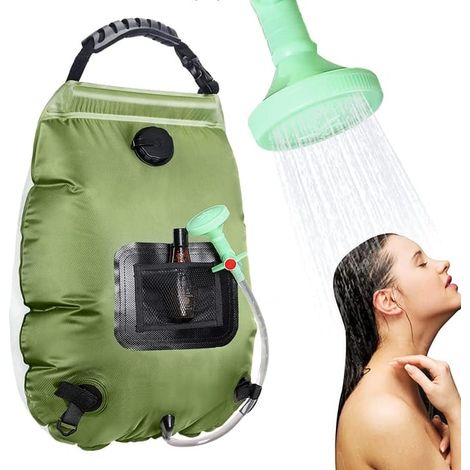 Sac de douche solaire 20L portable – Douche extérieure avec tuyau flexible et pommeau – Pour camping, randonnée et plein air – Vert (1/5)