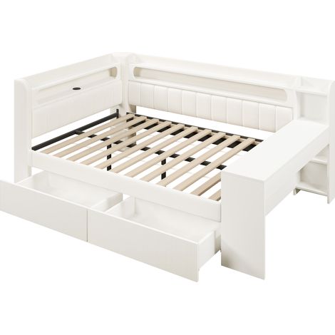 Daybed rembourré 140x200 avec ports USB et bande LED, avec bureau et 2 tiroirs, blanc