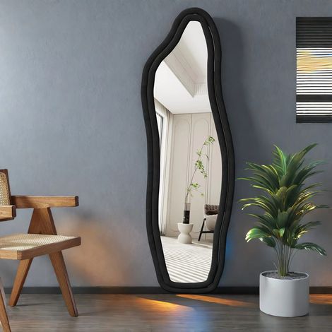 Grand miroir sur pied 140 x 45 cm pleine longueur design irrégulier ondulé cadre en velours antichoc verre trempé HD sécurisé polyvalent à poser ou mural pour chambre dressing salon noir moderne