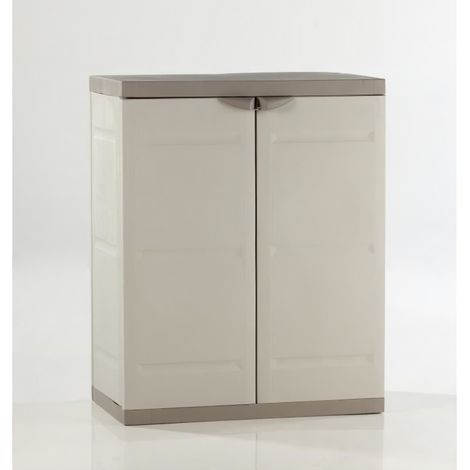 Armoire de jardin basse 2 portes – Rangement en résine beige et taupe – Dimensions 70x44x88 cm – Usage intérieur/extérieur – Plastiken