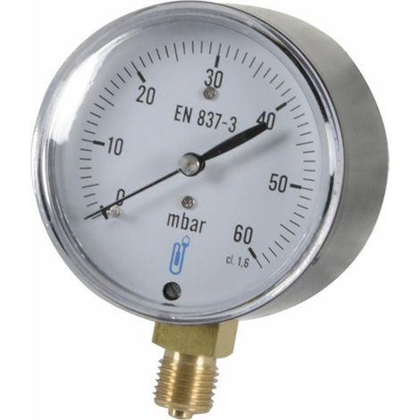 Manomètre acier à capsule Ø 63mm – Pression max 60mbar – Raccord vertical 1/4" – Boîtier acier noir – Utilisation fluides gazeux non agressifs