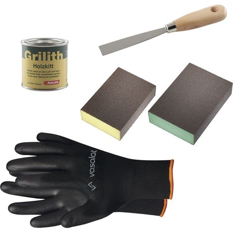 Grilith Holzkitt - Reparaturpaste Spachtelmasse, ideal zur Holzreparatur mit Schleifblöcke K220 & K320 und Spachtel, Nuss dunkel 100ml (1/4)