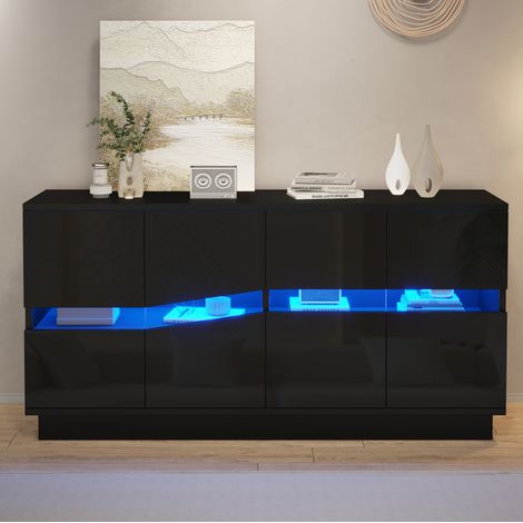 Aparador 140x35x70 cm de aglomerado negro, LED Bluetooth y almacenaje – MEUBLIV (1/5)