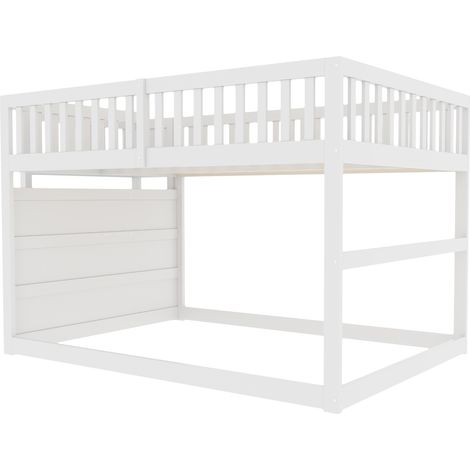 Lit superposé 140x200 avec rangement intégré, structure en bois massif blanc, barrière de protection, couchage sûr pour enfants, meuble 2 lits superposés sécurisé (1/5)