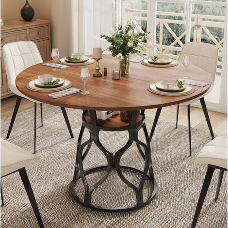 Table à manger ronde 100x100x75 cm pour 4 à 6 personnes avec étagère, MDF effet noyer et métal noir (1/5)