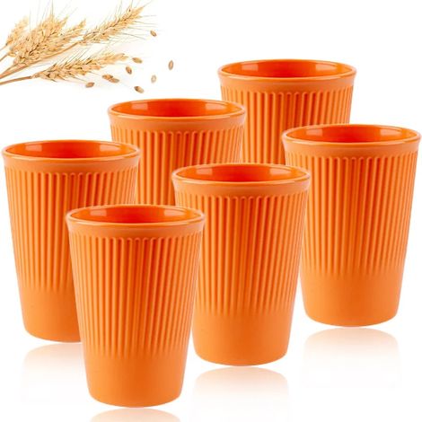 (Orange, paquet de 6) Gobelets à eau écologiques en paille de blé, biodégradables, sans BPA et résistants aux chocs.