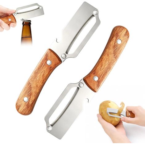 2 Pièces Eplucheurs Multifonction, Éplucheur en Acier Inoxydable avec Décapsuleur, Éplucheur Légumes avec Manche en Bois, Petit Ustensile de Cuisine pour Éplucher Fruits et Légumes (1/5)