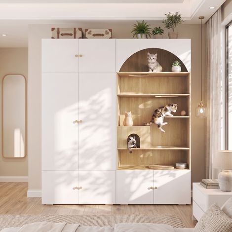 Armadio guardaroba 180x50x200 cm, mobile per animali, parete per gatti, pannello truciolare bianco effetto legno (1/5)
