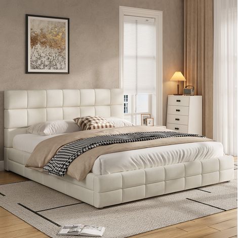 Lit plateforme 180x200 cm velours beige avec tête de lit, pour chambre, sans matelas – MEUBLIV (1/5)