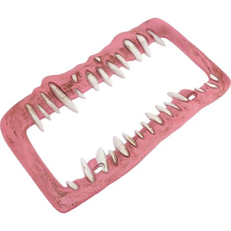 Cadre de plaque d'immatriculation humoristique avec dents ensanglantées et horribles, décoratif et original, en plastique ABS rose rouge, pour hommes et femmes. (1/5)