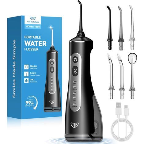 JTF Munddusche Kabellos Elektrische 300ML Wassertank, 10 Stufen Stufenlose Modi Testsieger 2026, IPX8 Tragbar Zahnreiniger Waterflosser & 6 Düsen für Oral Health Enthusiasten Tägliche Pflege(Schwarz) (1/5)