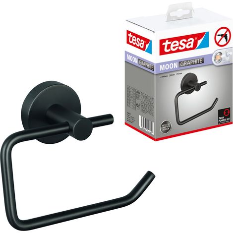 tesa® MOON Toilettenpapierhalter in gebürstetem Grafit - selbstklebender Rollenhalter ohne Deckel, aus PVD-beschichtetem Metall - ohne Bohren, inkl. Klebelösung - 99 mm x 140 mm x 53 mm (1/5)