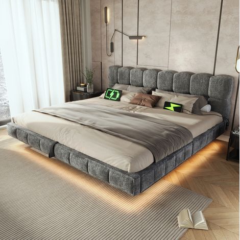 Cama doble 180x200 cm en tejido de felpa gris con LED y almacenaje, sin colchón – MEUBLIV (1/5)