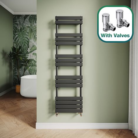 ELEGANT Modern Central Heating Towel Radiator Bathroom Flat Panel Heated Towel Rail 1600x450mm Black + Angled Radiator Valves