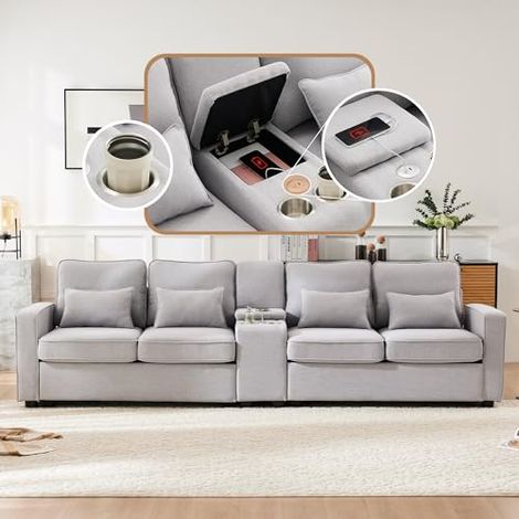 Canapé 4 places moderne en tissu lin avec console, porte-gobelets, ports USB, poches de rangement et 4 coussins, sofa confortable pour salon ou bureau (gris)