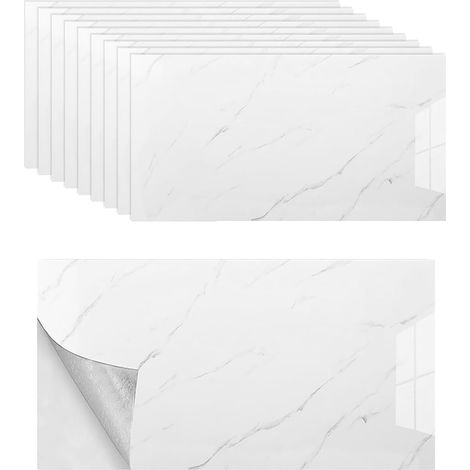 Lot de 10 autocollants pour carrelage - Aspect marbre - 60 x 30 cm - Pour cuisine, mur arrière de cuisine, salle de bain, salon - Blanc (1/5)
