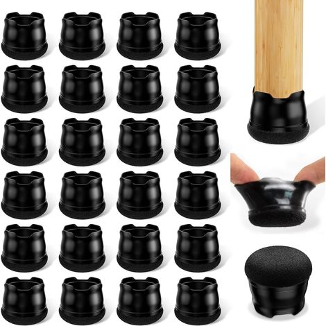 Protège-pieds de chaise - 24 pièces - Silicone et feutre épais - Anti-rayures et silencieux - Pour sols bois et carrelage - Noir Rond M (26-30mm) (1/5)