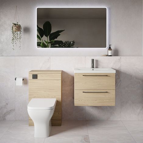 Napoli 390 Light Oak 1100mm Wall Mounted 2 Drawer Vanity Unit and Toilet Suite with Glide Basin - 1100mm - Gunmetal Grey 320mm HandleWith Kingston Toilet Pan and Seat