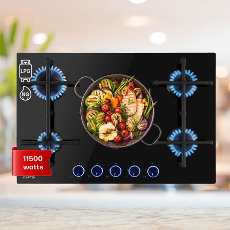 Klarstein Gas Cooker, 5 Burners Gas Hob, 11.5 kW Built In Five Ring Electric Hob, Campervan Cooktops Gas Cookers, Stainless Steel Glass Top Wok Burner, 5 Ring Kitchen Stoves Cooker Gas Burners Units