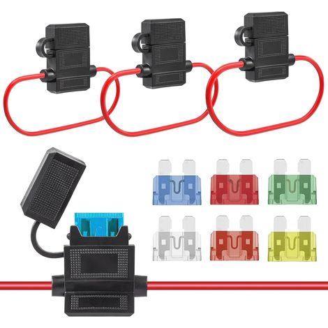 6-teiliges 12V-Sicherungshalter-Set, wasserdichter Sicherungshalteradapter für 12AWG-, 14AWG- und 16AWG-Drahtquerschnitte, mit 24 Standard-Flachsicherungen (10A, 15A, 20A, 25A, 30A und 40A) für Autos,