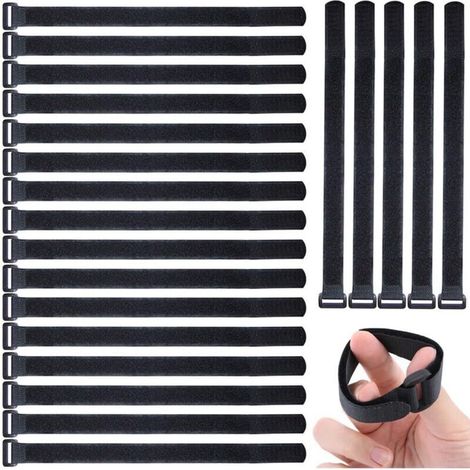 Reusable black nylon cable ties 2 cm × 30 cm – Pack of 20 with adjustable hook and loop