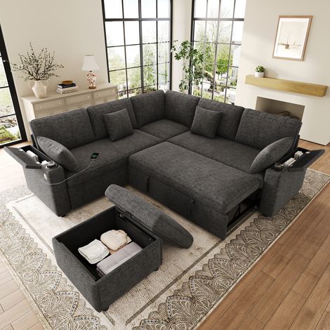 canapé d'angle convertible 6 places,canapé-lit en L avec couchage gigogne,repose-pieds coffre mobile,rangements dans les accoudoirs,ports USB-C et porte-gobelets,revêtement en chenille,coloris gris (1/5)