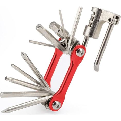 Outil professionnel 11 en 1 multifonction de réparation de vélo, portable, pliable, mini kit d'outils de réparation et d'entretien de vélo en acier inoxydable (rouge) (1/5)