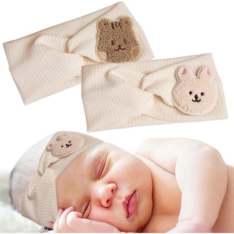 Paquete de 2 diademas de flores para bebé, color beige, diadema cruzada, diadema tejida trenzada, diadema elástica suave para bebé niña (1/5)