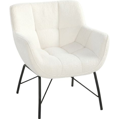 Fauteuil moderne en molleton sherpa, dossier incurvé, accoudoirs intégrés, pieds métalliques, blanc crème (1/4)