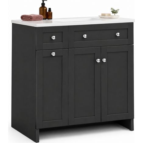 ELVMI Mueble de Lavabo con 1 Puerta y 3 Cajones, Lavabo Cerámico con Rebosadero, MDF Negro, 76x47x86 cm (1/5)