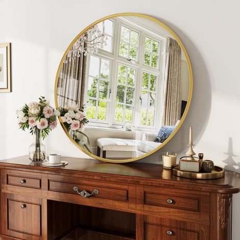 Miroir Rond Ø 75 cm Miroir Mural Design Securit en Verre Trempé et Aluminium pour Salle de Bain Salon et Chambre - Doré (1/5)