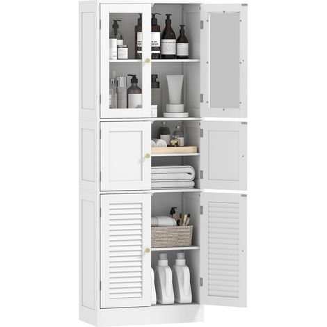 Colonne de salle de bain étroite avec portes vitrées à lattes, étagères réglables, 60 x 30 x 170 cm, blanche (1/5)