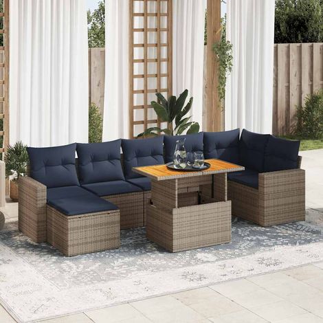 Set de sofás de jardín y cojines 8 piezas ratán sintético gris (1/5)
