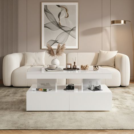 Tavolino da salotto LED rettangolare 104x53 cm, tavolo da soggiorno con 2 cassetti e vano contenitore, mobile da salotto moderno con finitura laccata lucida, Bianco (1/5)