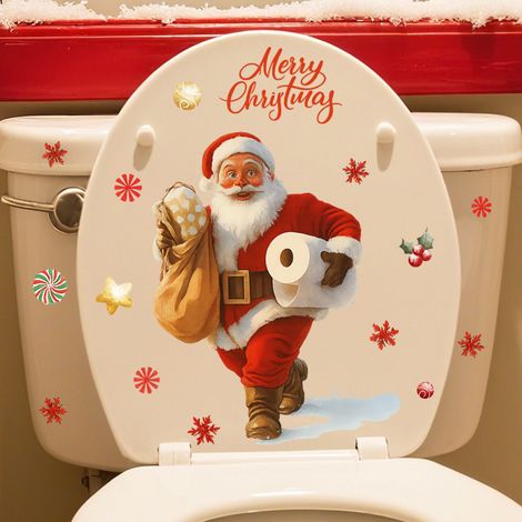 Adesivi murali con effetto 3D, adesivi natalizi per il bagno, autoadesivi, Babbo Natale con carta igienica. (1/2)