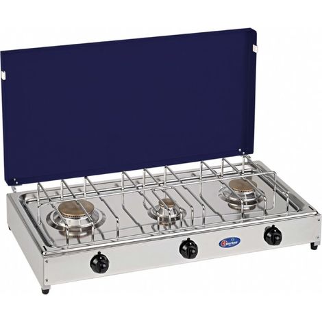 Fornello a gas gpl / metano a 3 fuochi Pianale in acciaio inox cfparker mod. 5523GB Colore: Grigio - Blu  Metano