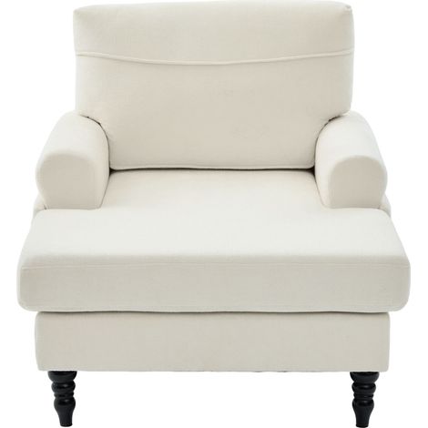 Sillón chaise longue de chenilla beige con patas de madera y bolsillo lateral (1/5)