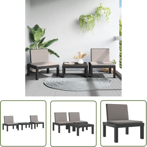 The Living Store 3-tlg. Garten-Lounge-Set mit Kissen Anthrazit PP - Gartensessel - Loungesessel - Gartenmöbel - Outdoor Möbel - Sonnenliege (1/5)