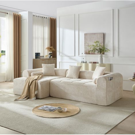Divano angolare, seduta con molle e schiuma ad alta densità, lavorazione tufting, chenille beige (1/5)