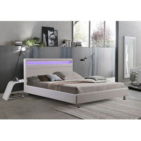 Letto Matrimoniale Moderno Ecopelle Bianco, Led 220x174cm