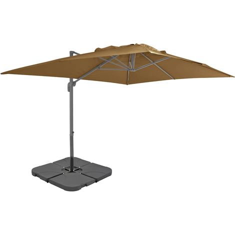 Parasol de jardin rectangulaire 4x3 m – Cadre aluminium, toile résistante UV taupe – Manivelle, inclinaison et rotation 360° – Avec base croisée en acier et lestage plastique 60 L (1/5)