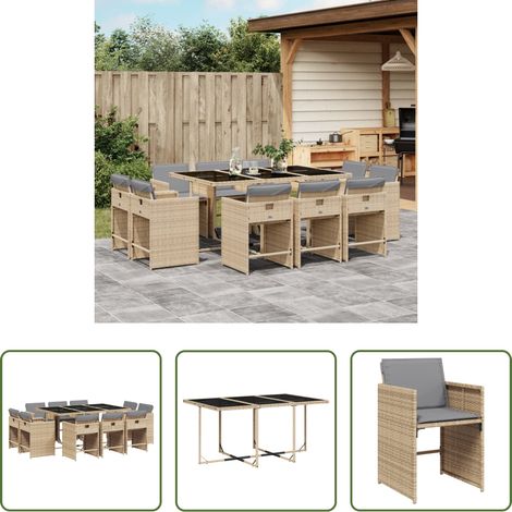 vidaXL Set comedor de jardín 11 pzas con cojines ratán sintético beige (1/5)