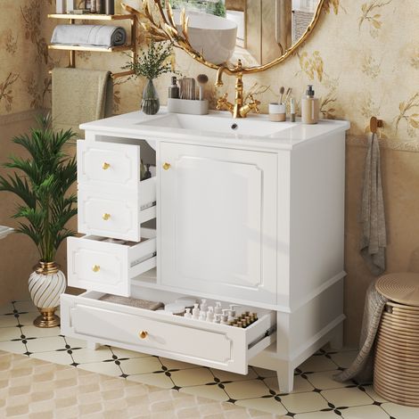 Meuble vasque - Salle de bain - 76,5x47x87,5 cm - Rangements - Céramique - Blanc (1/5)
