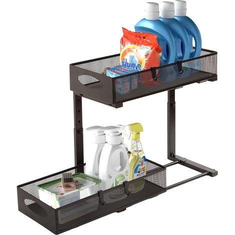 Trintion Unter Waschbecken Regal Höhenverstellbar 2 Etagen Küchen Organizer mit Ausziehbaren Schubladen & Haken Spülschrank Organizer für Küche Bad Gewürzregal (Schwarz) (1/5)