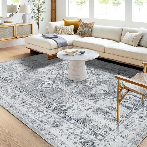 Teppich Wohnzimmer Kurzflor Boho Rutschfest Waschbar 140 x 200 cm Grau (1/5)