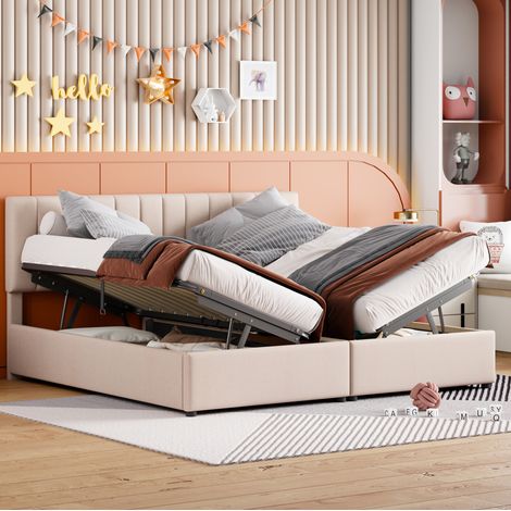 Polsterbett 180/200 cm Beige aus Leinen mit hydraulischem Stauraum und teilbarer Liegefläche (1/5)