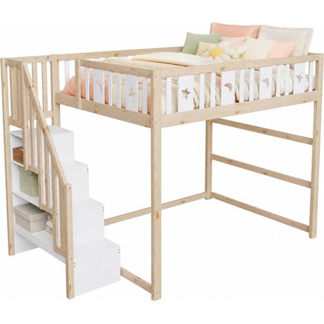 Lit mezzanine enfant 140x200 cm avec escalier, rangements, blanc/naturel, - FLORAGRACE (1/5)