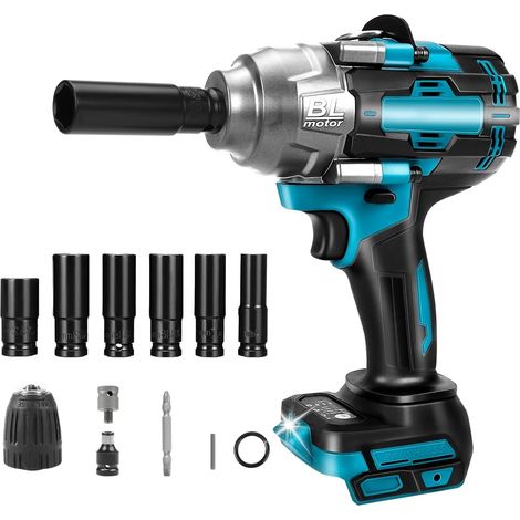 Clé à Chocs Sans Fil Brushless Compatible avec Makita 18 V, 1/2" 1000Nm Boulonneuse à Choc Electrique Visseuse à chocs avec 6 Douilles à Chocs pour la Voiture et la Maison (sans batterie) (1/5)