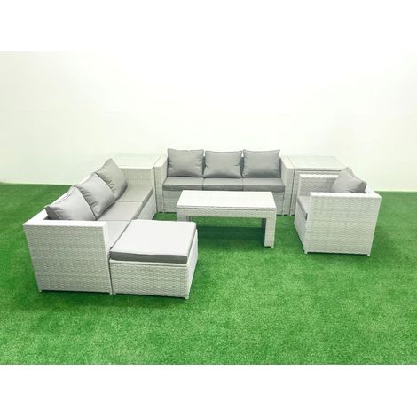 Fimous Meubles d'extérieur en rotin avec Table basse oblongue Fauteuil Grand tabouret 2 Tables d'appoint Gris clair mixte (1/5)